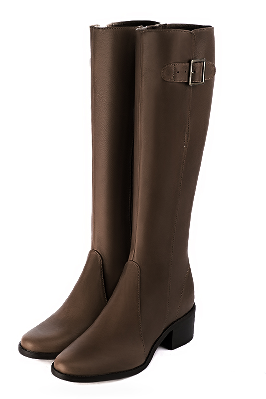 Dark brown women's knee-high boots with buckles. Round toe. Low leather soles. Made to measure. Front view - Florence KOOIJMAN